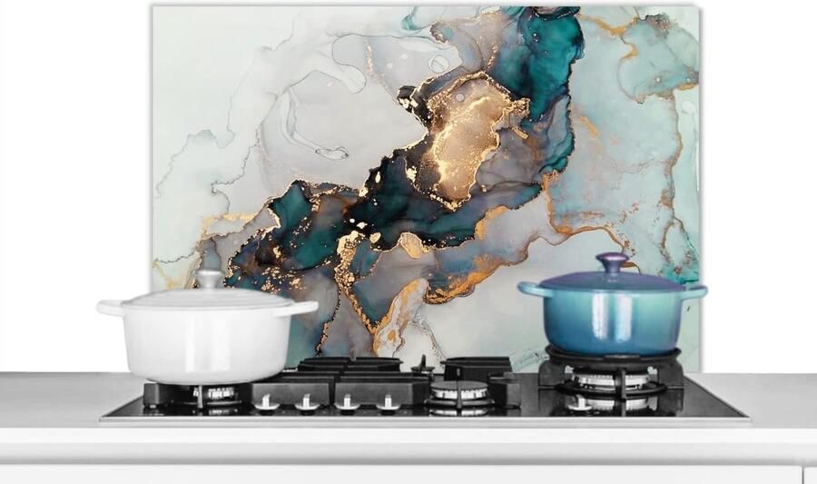 Keuken Spatscherm Wandpaneel Achterwand Kookplaat Beschermen Hittebestendig Aluminium 90x60 cm Marmer Blauw Goud