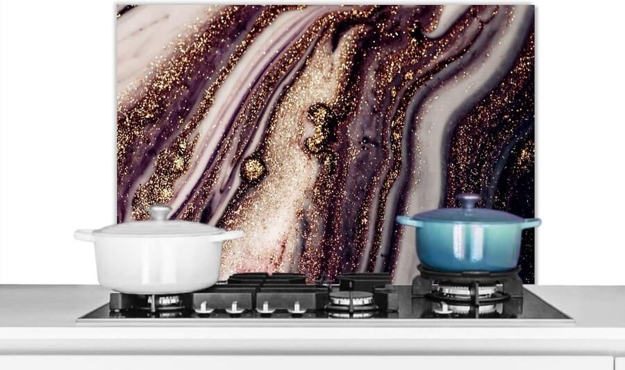 Keuken Spatscherm Wandpaneel Keuken Bescherming Kookplaat Marmerlook met Goud 90x60 cm Roze