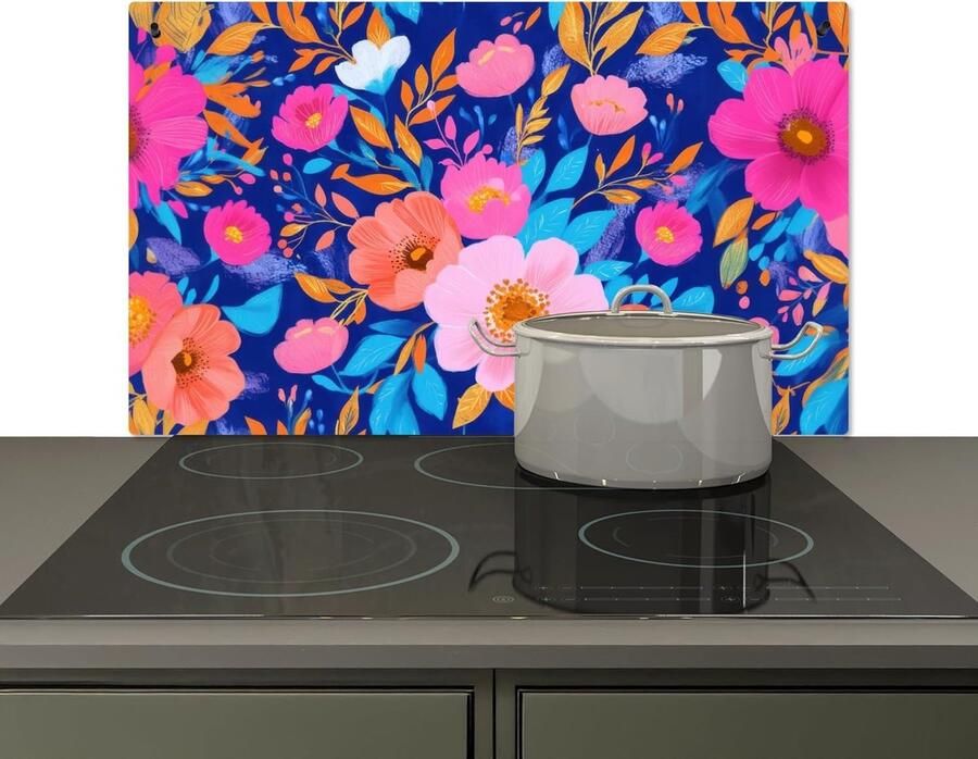 Keuken Spatwand Achterwand Beschermer Kookplaat Beveiligen Hittebestendig Aluminium 51.5x83 cm Bloemen Blauw Roze