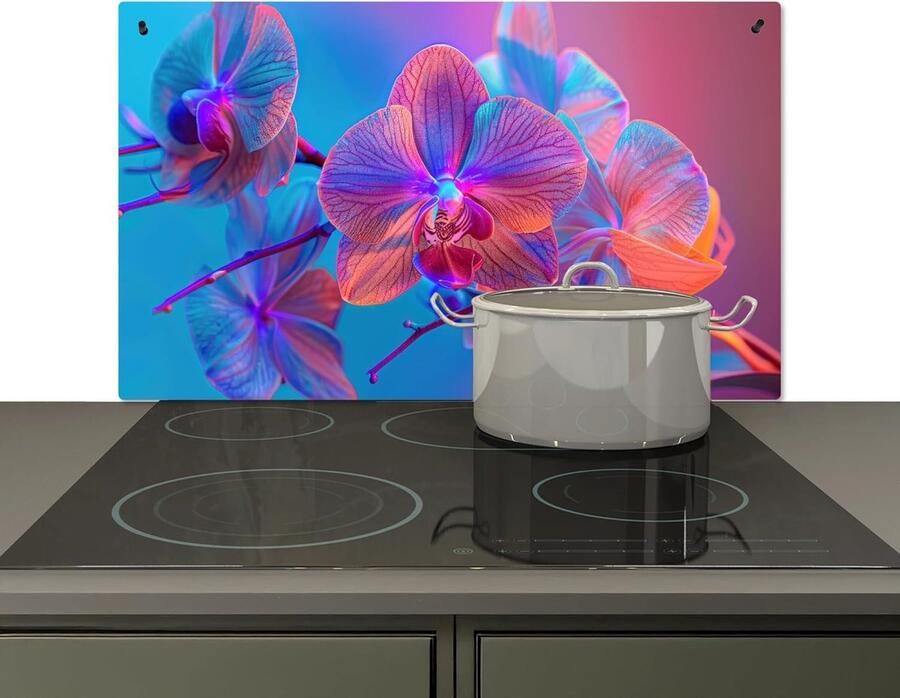 Keuken Spatwand Achterwand Beschermer Kookplaat Reinigen Hittebestendig Aluminium 52x90 cm Orchidee Bloemen