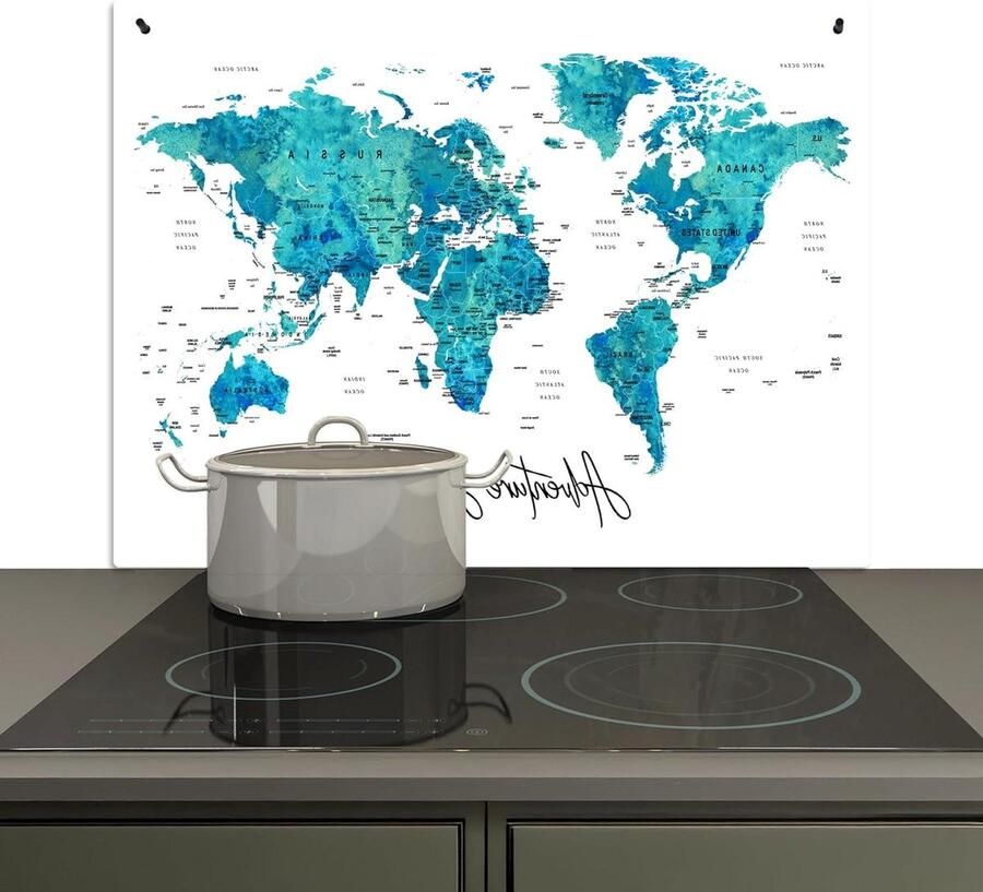 Keuken spatwand Achterwand kookplaat Bescherming kookplaat 2-in-1 functie 52x81 cm Wereldkaart Blauw