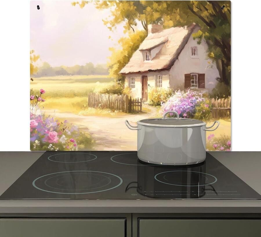 Keuken Spatwand Kookplaat Beschermer Hygiënisch Koken Hittebestendig Aluminium 52x80 cm Huisje Hout Bloemen