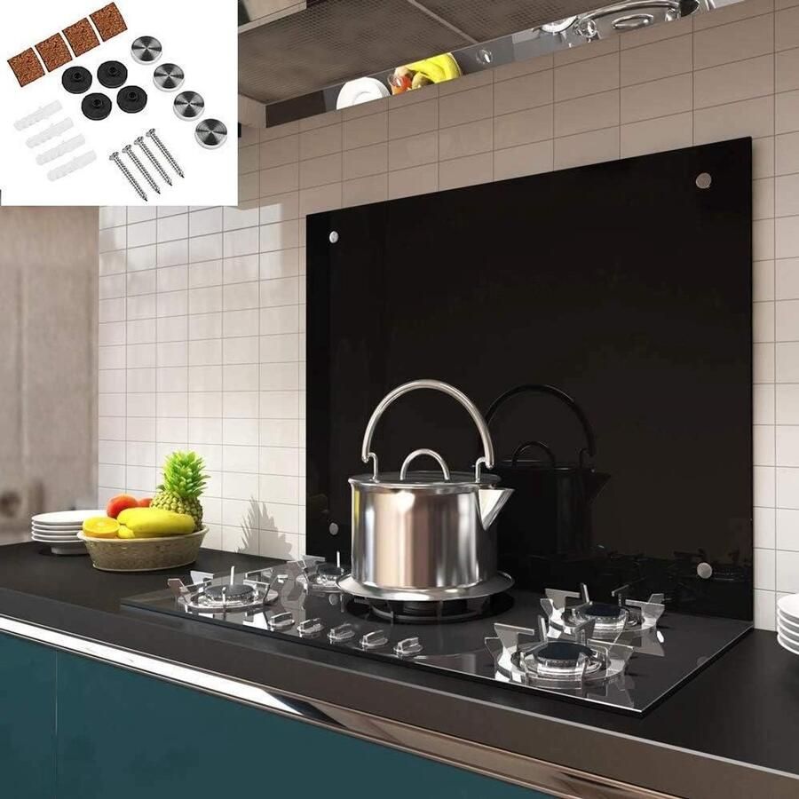 Spatbescherming Kookplaat Glazen Achterwand Keuken Beschermen Gehard Veiligheidsglas 90 x 60 cm Zwart