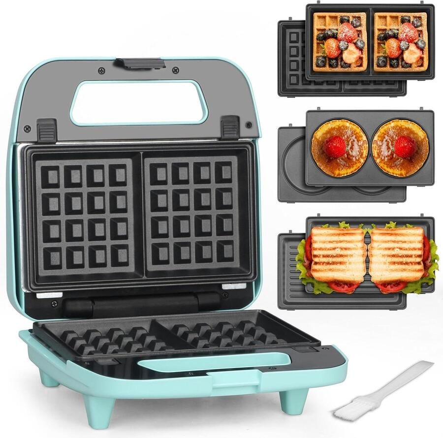 3-in-1 Keukenapparaat Wafelmaker Grill Snelle Maaltijden Maken Verwisselbare Platen 750 Watt Aqua