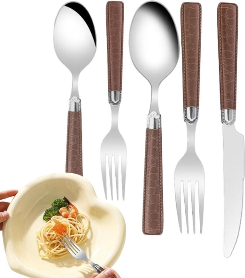 Keukengerei Set Eetgerei Vork Lepel Thuis Horeca Ergonomische Grip Spiegelpolijst Vijfdelige Set Bruin