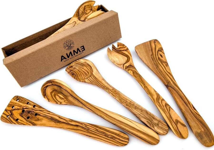 Keukengerei Set Houten Keukengerei Koken en Serveren Handgemaakt Olive Hout 30 cm Natuurlijk Hout