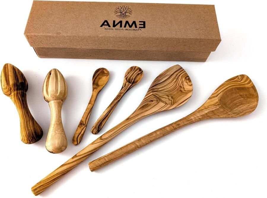 Keukengerei Set Houten Lepels Koken En Serveren Uniek Olijfhout 6 Delig Houtkleur