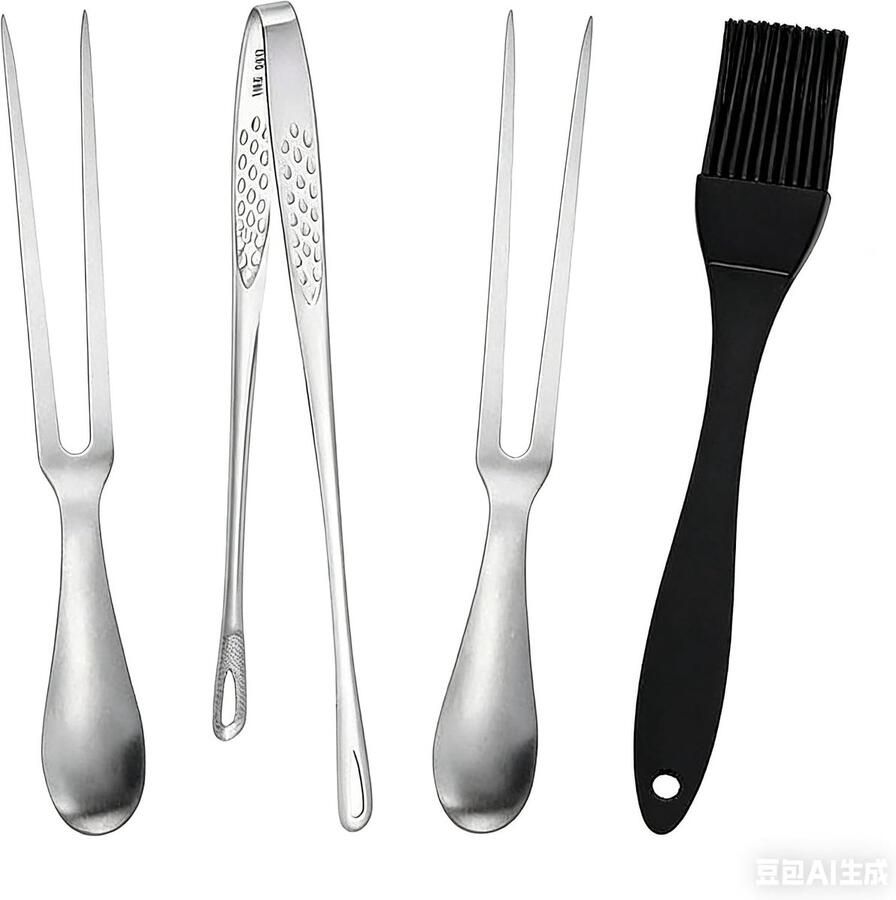 Keukengerei Set met 27 cm Vleesvork 24 cm Kooktang en Siliconen Olieborstel – Compacte Set voor Snijden Grillen en Dagelijkse Voorbereiding