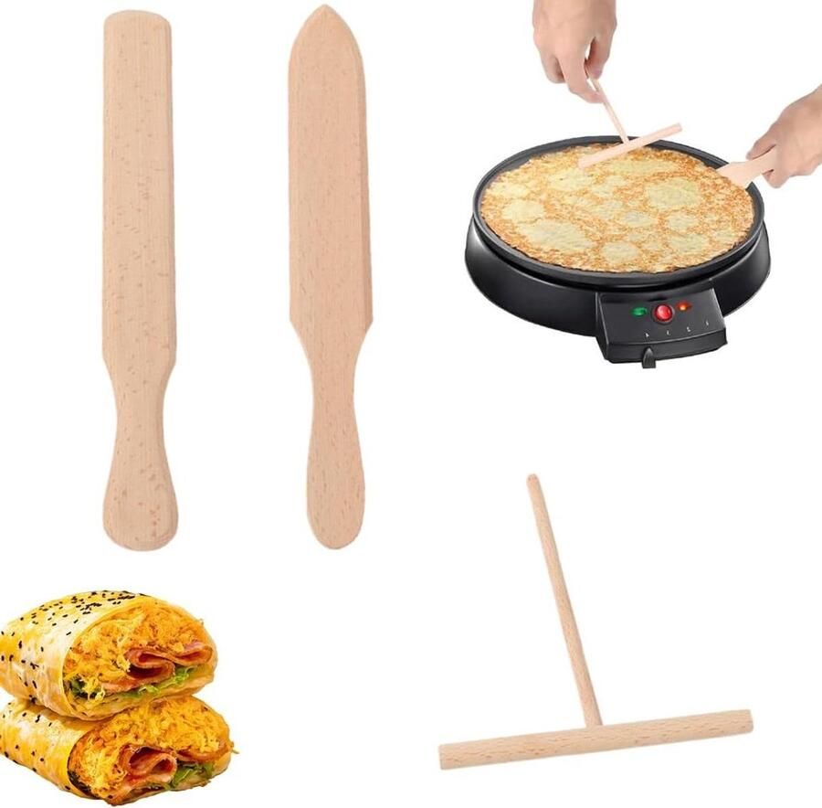 Keukengerei Set Pannenkoek Spatels Crêpes Bakken Natuurlijk Beukenhout 3 Delig Houtkleur