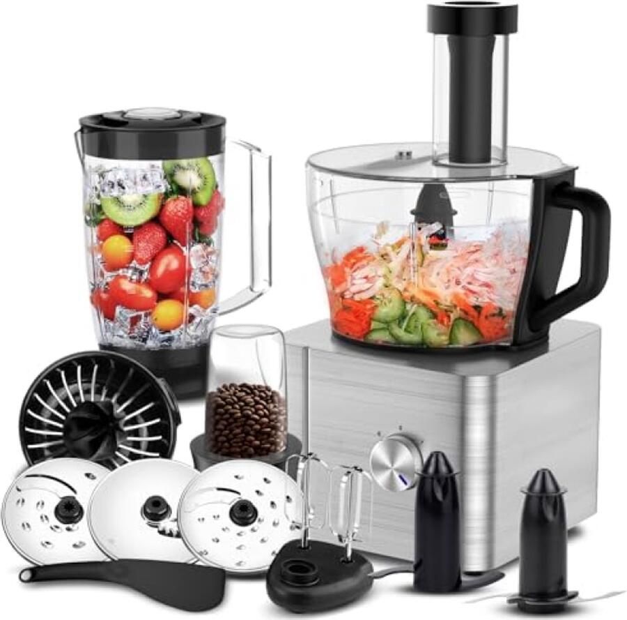 Keukenmachine 1100 W Foodprocessor 3 2 liter mengkom Deegkneder blender hakmolen molen citruspers Zilver