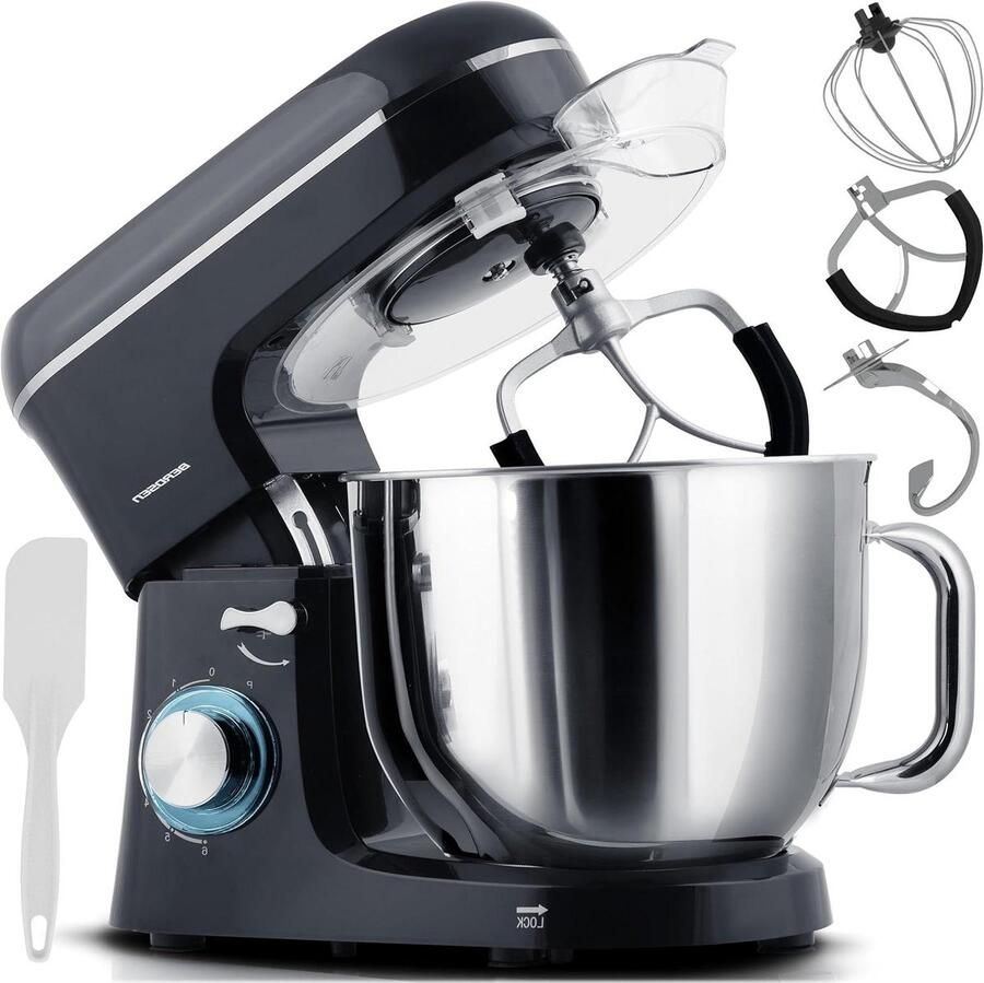 Keukenmachine 1400W Mixer apparaat Bakken en koken 6 snelheden 6 Liter kom Zwart zilver