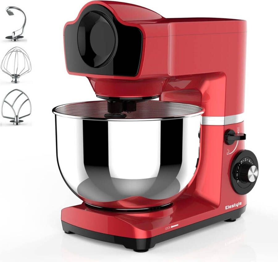 Keukenmachine 1500 Watt RVS Mengkom (6 L) – Keukenrobot – Mixer 6 Snelheden Met Garde Deeghaak en Menghaak Antislip Rood - Foto 1