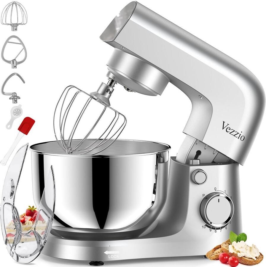 Keukenmachine 1500W – 10 Snelheden – Kneedmachine met 4 5L RVS Mengkom – Zilver