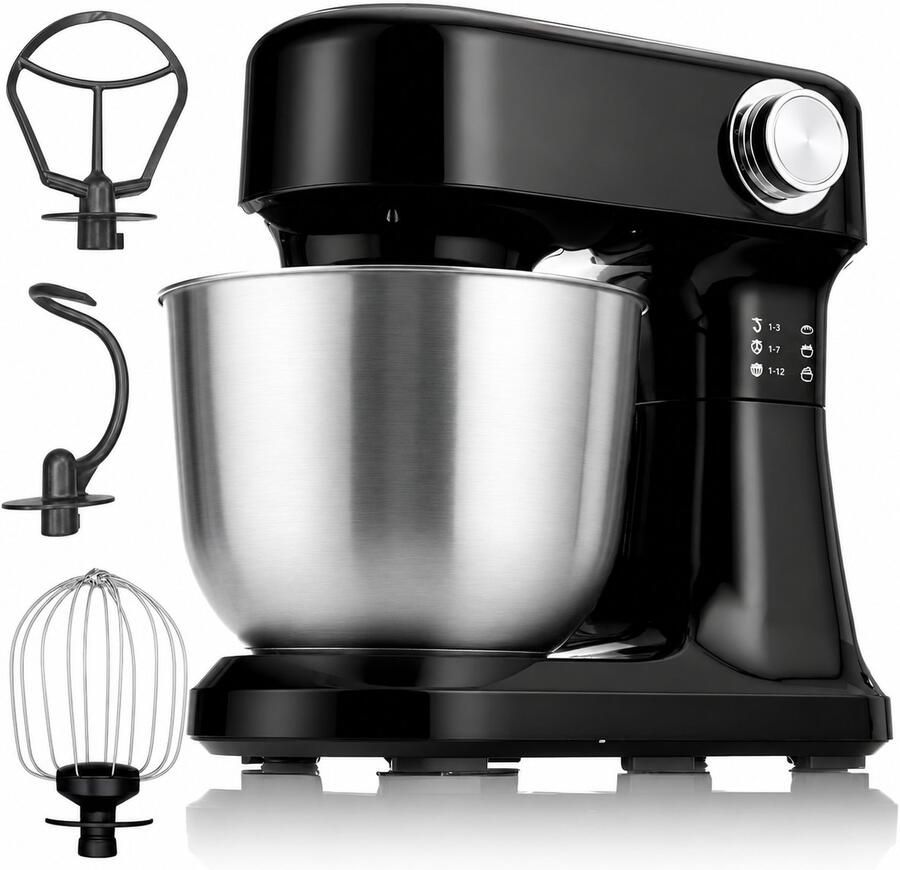 Keukenmachine 1500W – 5L RVS Mengkom – 12 Snelheden – Met Garde Deeghaak en Menghaak – Zwart