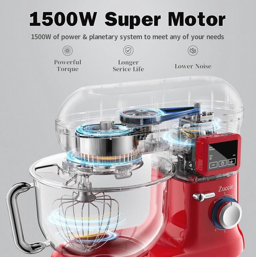 Keukenmachine 1500W met 5 L kom LCD-display en 6 snelheden voor bakken en kneden