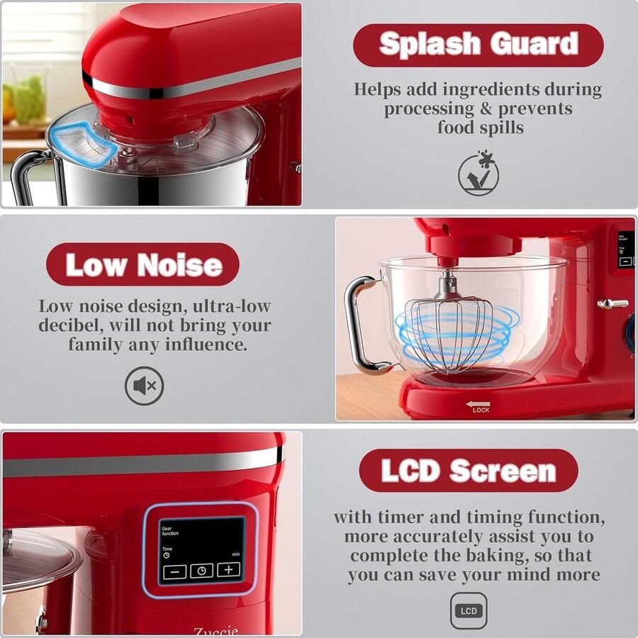 Keukenmachine 1500W met 5 L kom LCD-display en 6 snelheden voor bakken en kneden