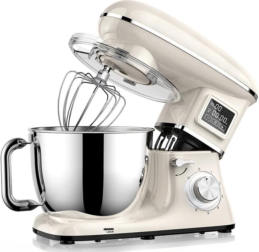 Keukenmachine 1500W Standmixer 6 5L met LED Display 6 Snelheden RVS Mengkom Wite
