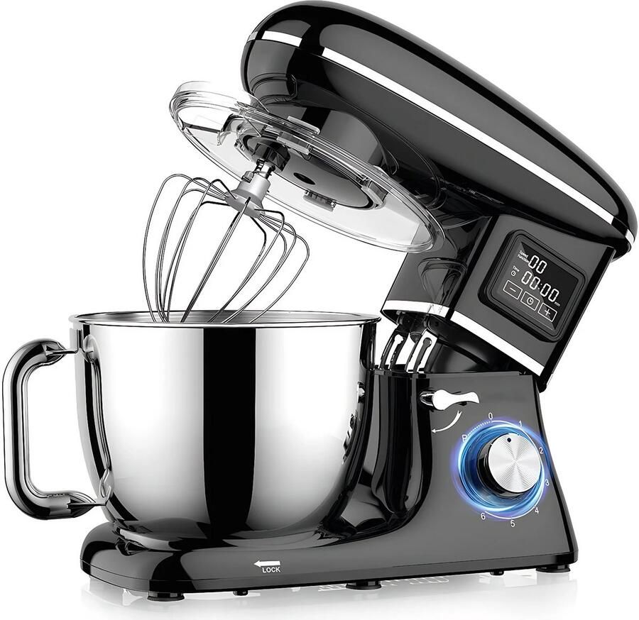 Keukenmachine 1500W Standmixer 6 5L met LED Display 6 Snelheden RVS Mengkom Zwart