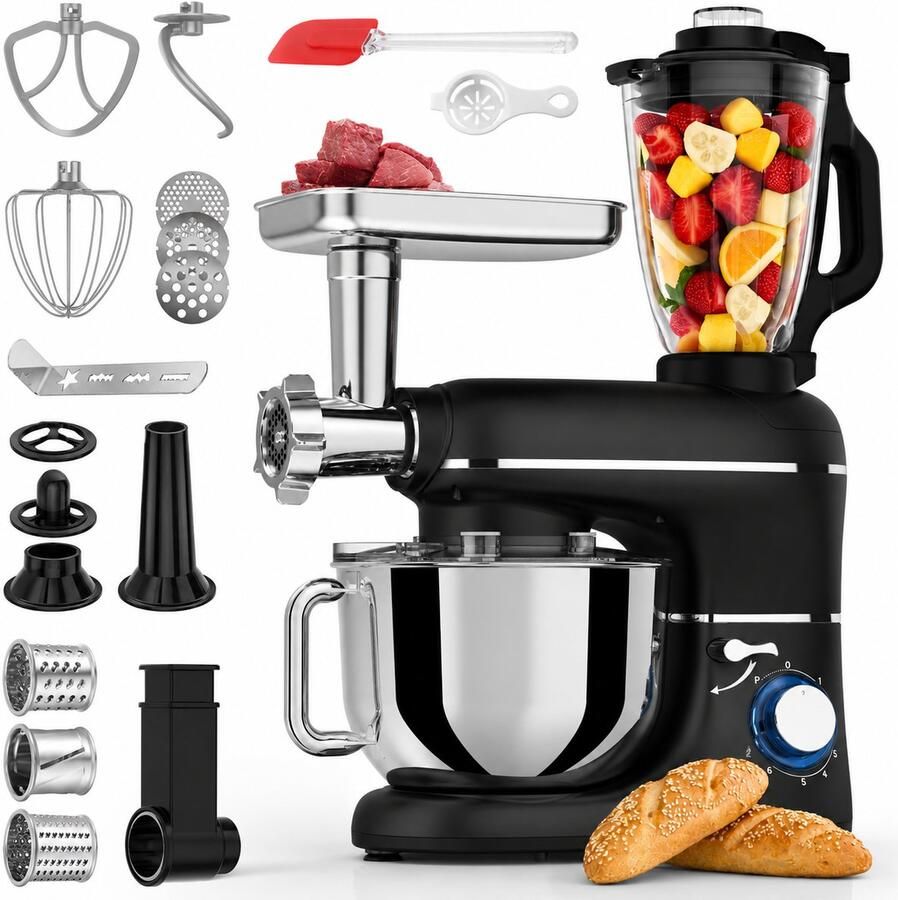 Keukenmachine 2000W – 6 2L RVS Mengkom – 6 Snelheden – Met Blender Vleesmolen en Snijder