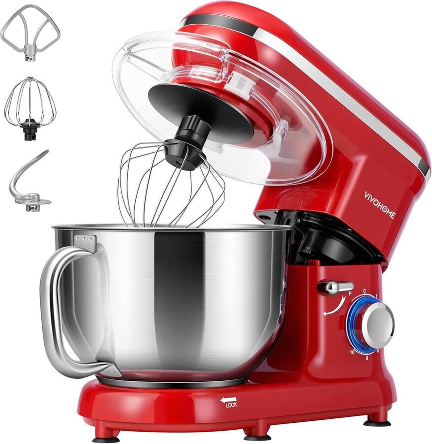 Keukenmachine 5 7L 1500W Staande Mixer 10 Snelheden Met Spatdeksel Rood