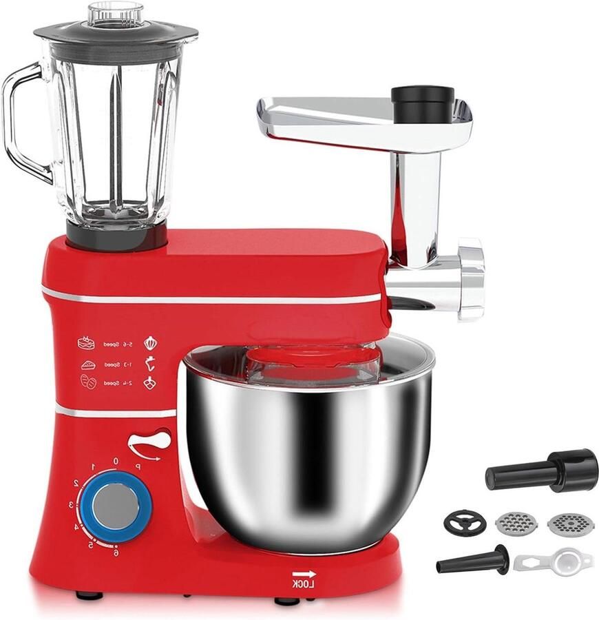 Keukenmachine 5-in-1 Elektrische mixer Thuis bakken 1400W Krachtige motor 10 Liter kom Rood