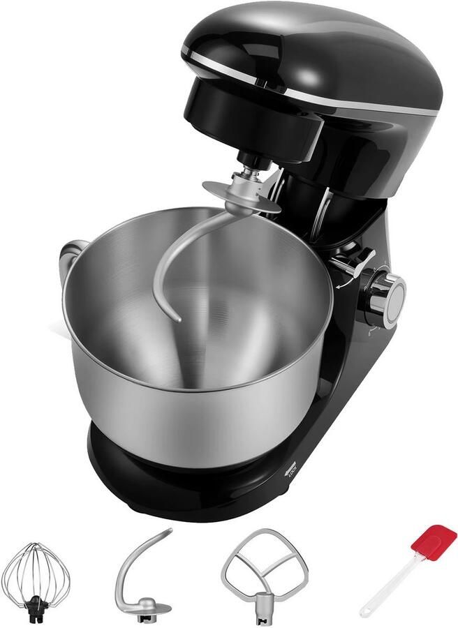 Keukenmachine 6L Stand Mixer met RVS Mengkom 6 Snelheden + Pulse Deeghaak Garde & Menghaak Zwart