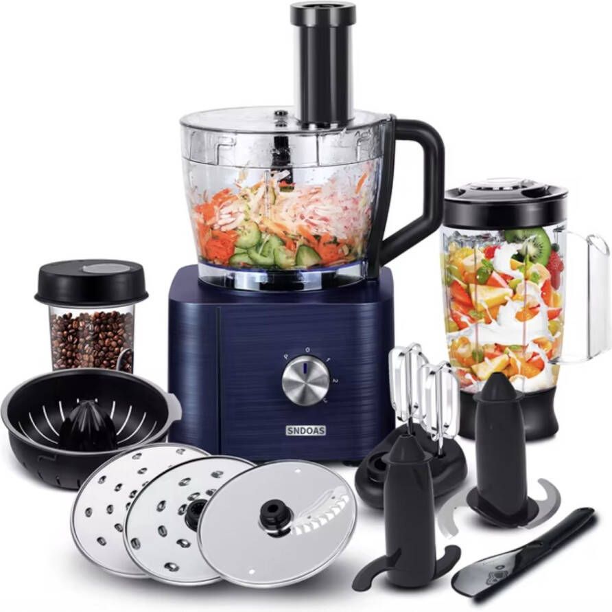 Keukenmachine Alles in 1 keukenmachine Multifunctionele keukenmachine Vleesmolen Garde Kneder Shredder Sinaasappelpers Hakselaar Blender 1100W Blauw