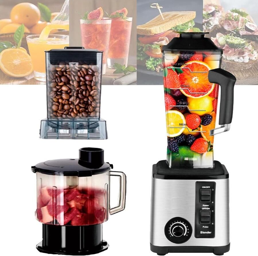 Keukenmachine Combo 3-in-1 Apparaat Ingrediënten Verwerken Vleesmolen Sapcentrifuge 2000ml 1000ml 800ml Zilver