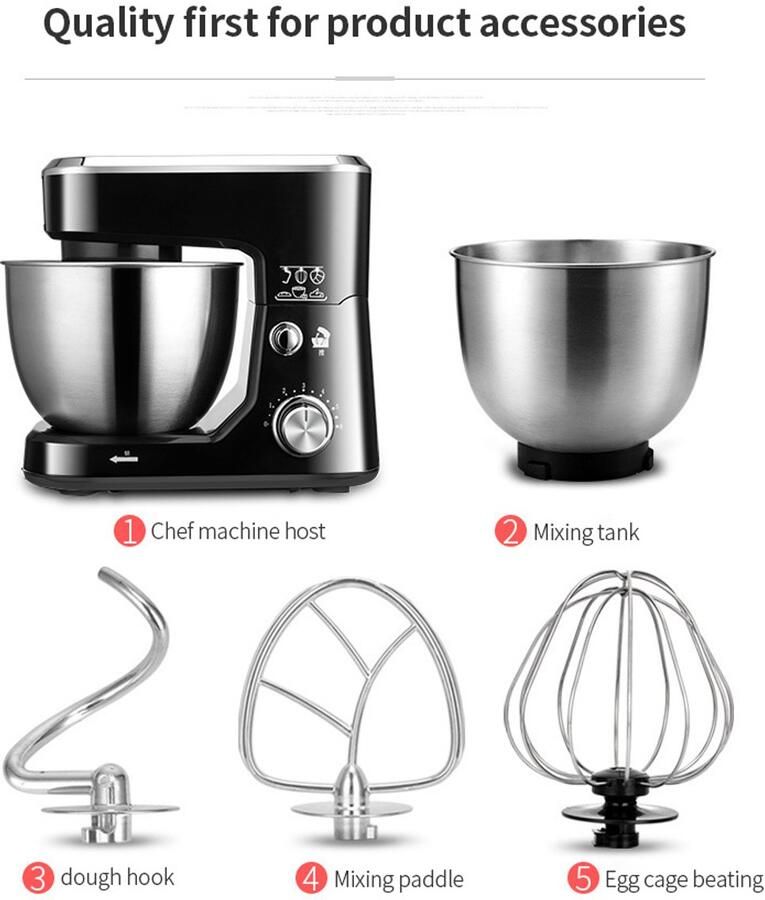 Keukenmachine Deegkneder 5L Mengkom 1000 W Vermogen RVS Kom Zwart Standaard Blender