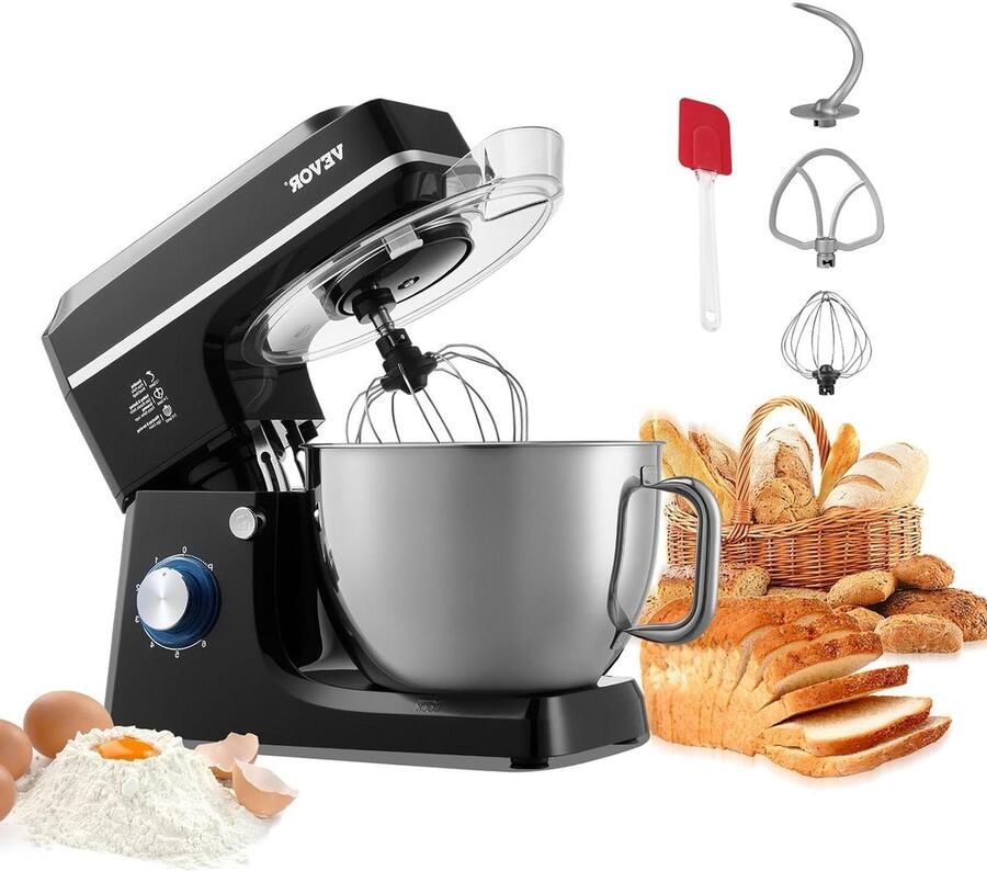 Keukenmachine Deegmixer Huishoudelijke Mixer Bakken en Mixen 6 Snelheden Puls 7.84L Kom Zwart
