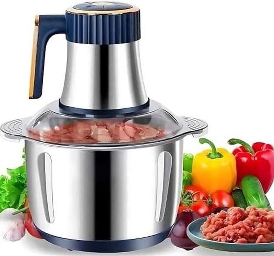 Keukenmachine Hakmolen Voedselbereiding Zes roestvrijstalen messen 5 liter inhoud Zilverkleurig