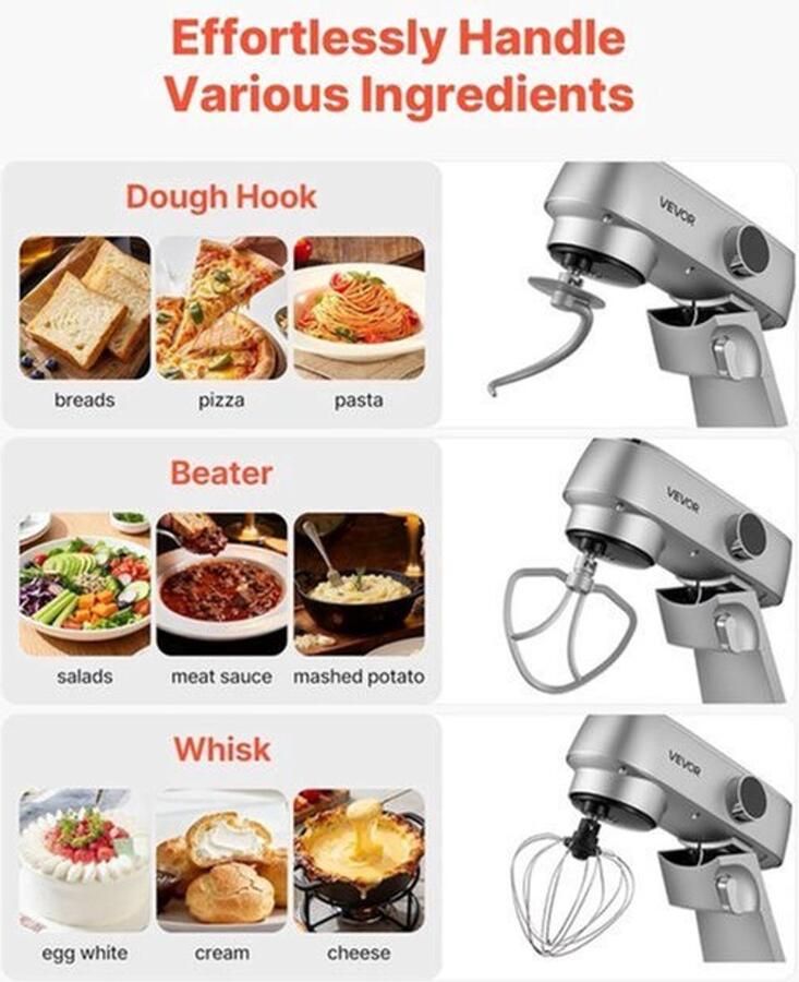 Keukenmachine – Keukenmixer – Keukenrobot – Foodprocessor – Mixer – 7 4L RVS Mengkom – 1800W Motor – 10 Snelheden – Inclusief Deeghaak Garde En Platte Mengklopper