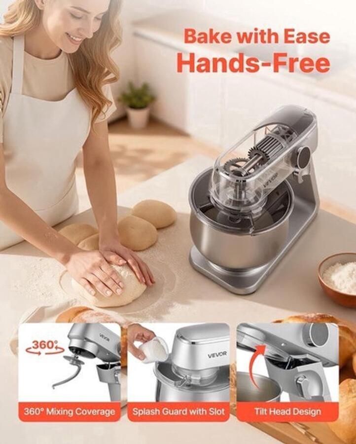 Keukenmachine – Keukenmixer – Keukenrobot – Foodprocessor – Mixer – 7 4L RVS Mengkom – 1800W Motor – 10 Snelheden – Inclusief Deeghaak Garde En Platte Mengklopper - Foto 3