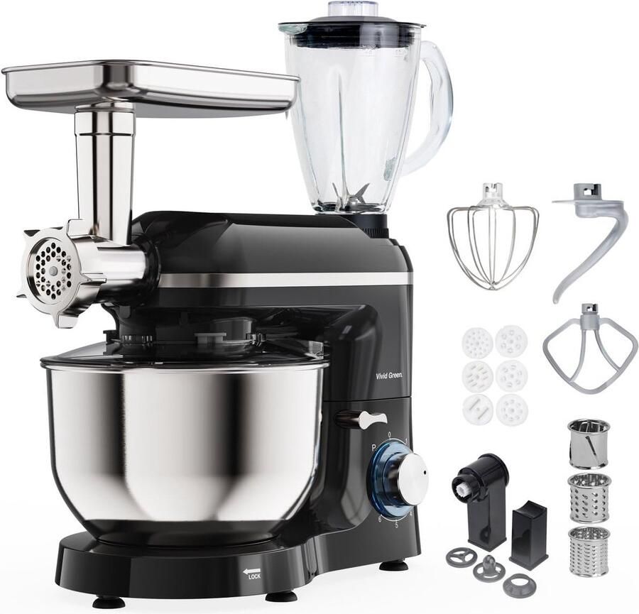 Keukenmachine Keukenrobot Mixer Bakken en Koken Krachtige 2000W Motor 6.2L Kom Zwart