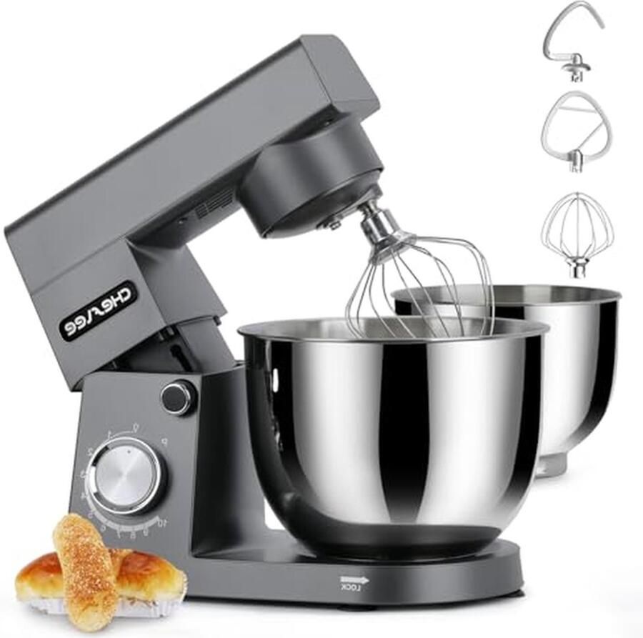 Keukenmachine Kneedmachine mixer Bakken en koken Dubbele RVS kommen 55 Liter Zwart
