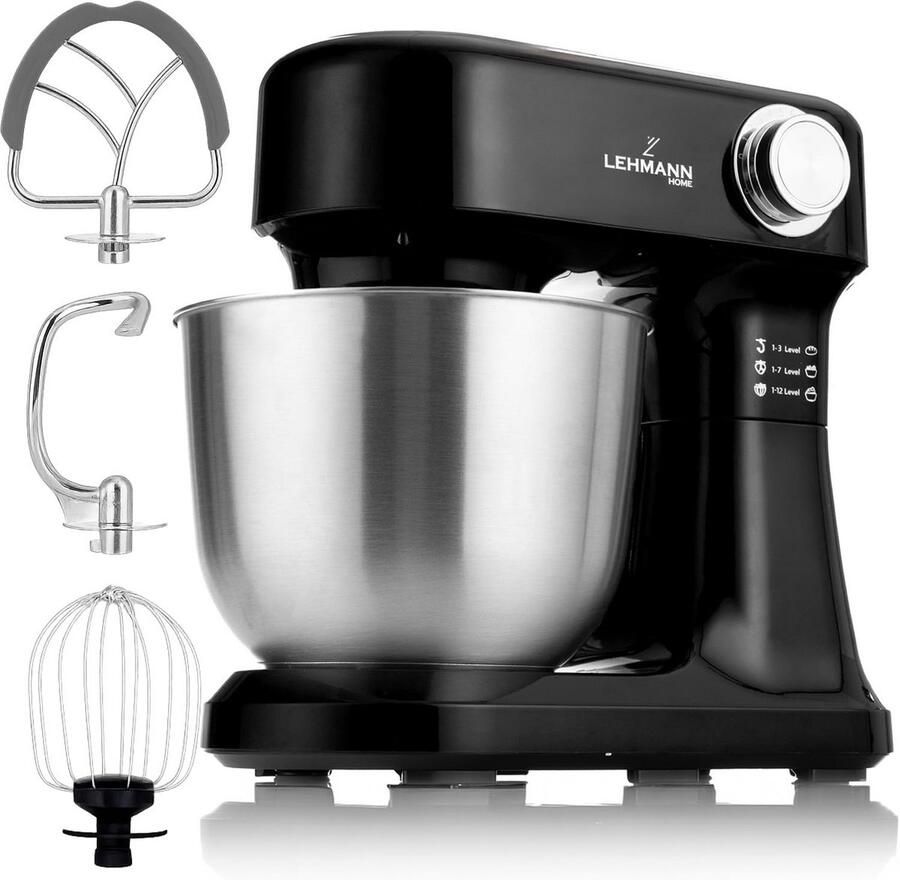 Keukenmachine met 5L kom en 12 snelheden Kneedmachine met mengaccessoires en spatscherm Zwart