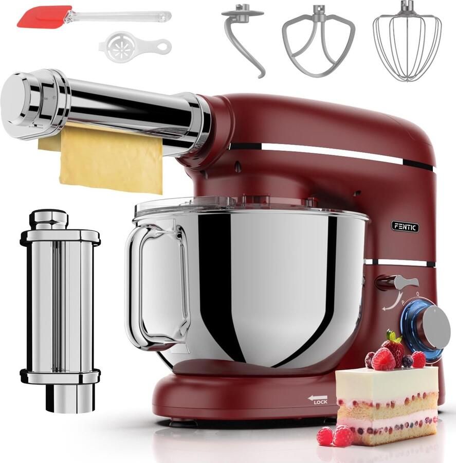 Keukenmachine met pastaroller Keukenrobot deegmaker Zelf verse pasta maken 8 deegdikte standen 62L mengkom Rood