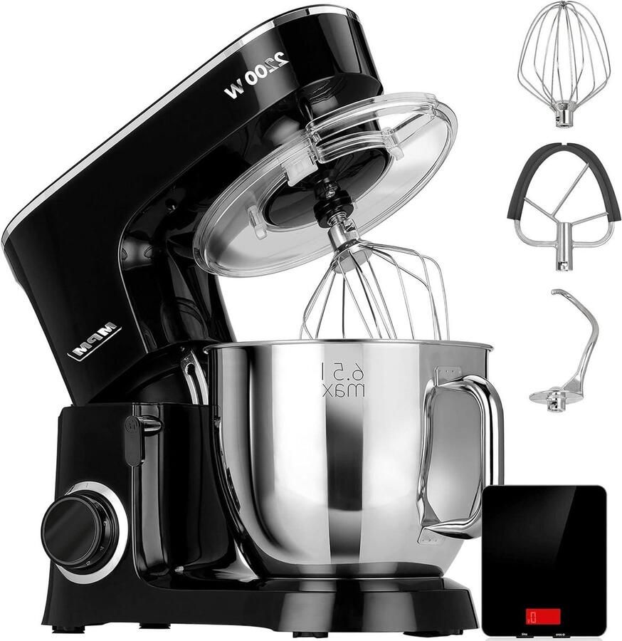 Keukenmachine met Weegschaal Bakmixer Robot Deeg Kneden Planetair Systeem 6.5 Liter Kom Zwart RVS
