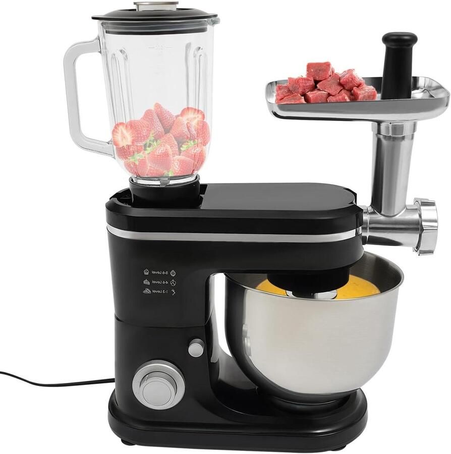 Keukenmachine Mixer Allround Koken 3-in-1 Functionaliteit 6L Kom Zwart Zilver