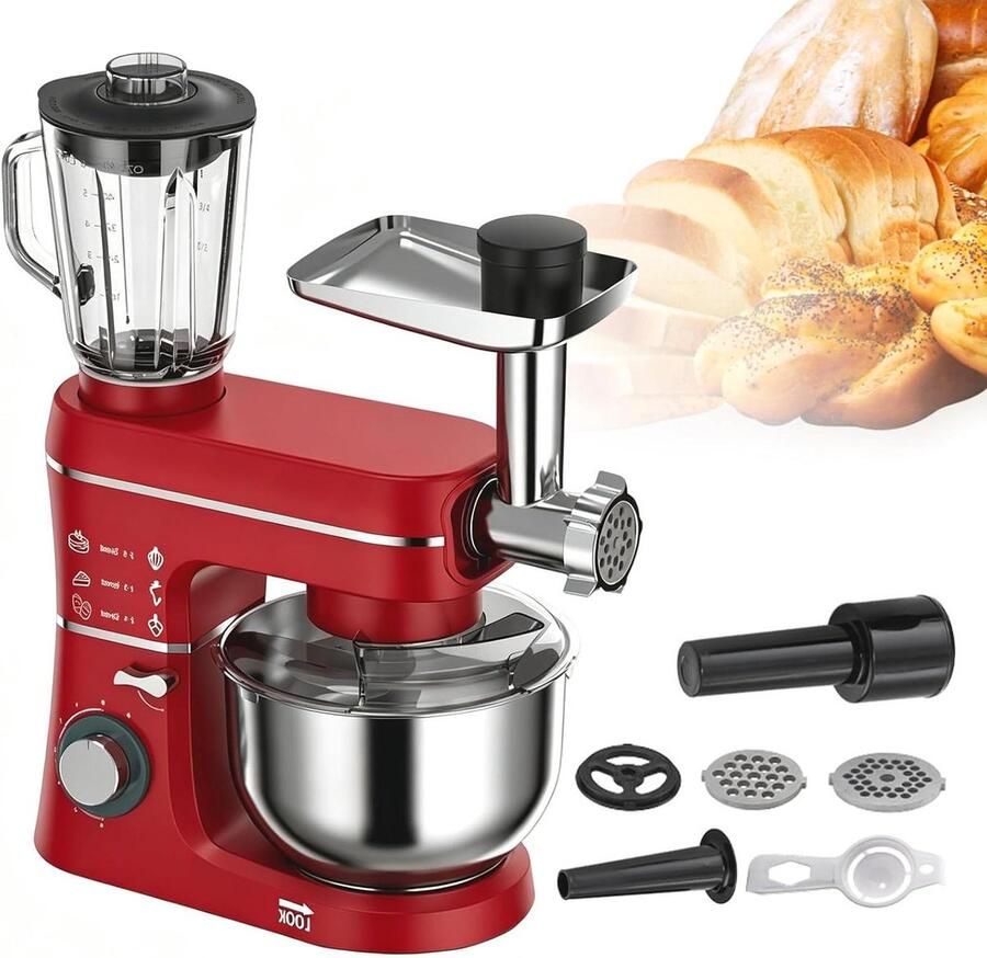 Keukenmachine Mixer Bakken en Koken 5-in-1 Functies 10 Liter Kom Rood