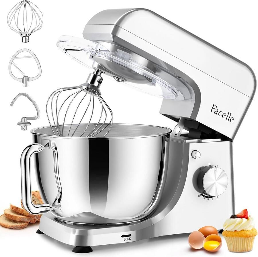 Keukenmachine Mixer Bakken en Koken Krachtige Motor 1300W 5.5 Liter Kom Zilver