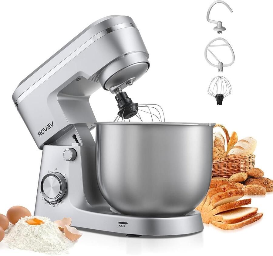 Keukenmachine Mixer Bakken Grote Hoeveelheden Maken 10 Snelheden 5.7 Liter Kom Zilver
