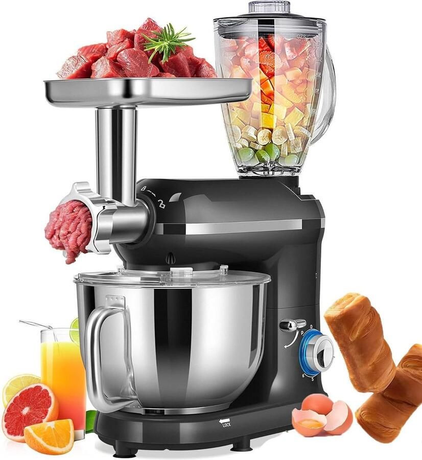 Keukenmachine Mixer Blender Bakken en Koken 3-in-1 Multifunctioneel 7 Liter Kom Zwart