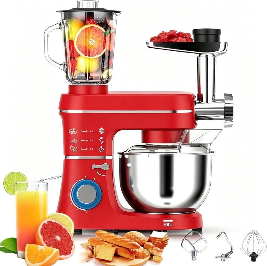 Keukenmachine Mixer Deegklopper Bakken en Koken 5-in-1 Functies 10L Kom Rood