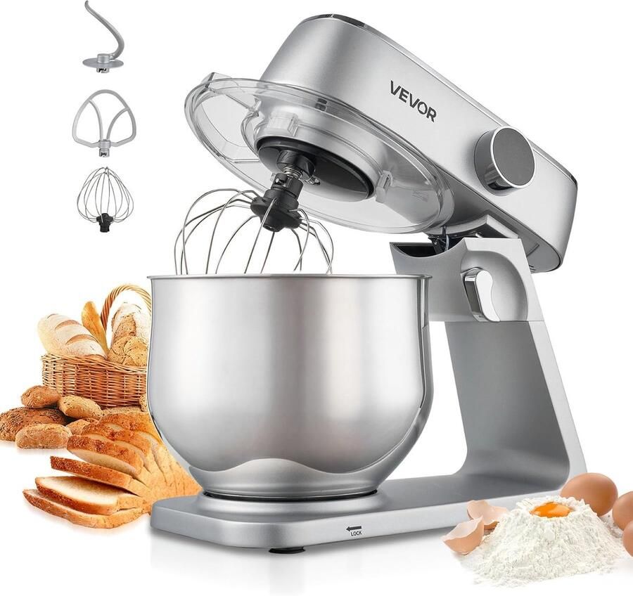 Keukenmachine Mixer Deegklopper Bakken en Koken Krachtige Motor 1800W 7.4L Kom Zilverkleurig