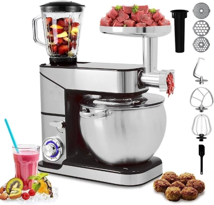 Keukenmachine Mixer Bakken en Koken 3-in-1 Functie 12 Liter Kom Zilver