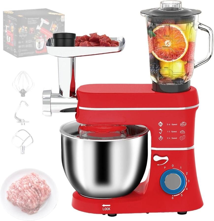 Keukenmachine Mixer Deegmaker Bakken en Koken 10L Kom Vleesmolen 1400W 6 Snelheden Rood
