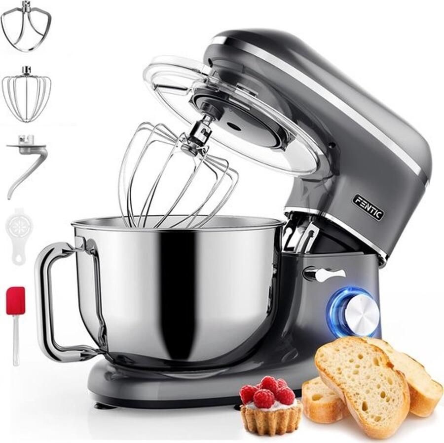 SnelShoppen Keukenmachine 2000W met RVS mengkom 6 2 L Kneedmachine met roerhaak kneedhaak klopborstel en spatbescherming Extra accessoires inb