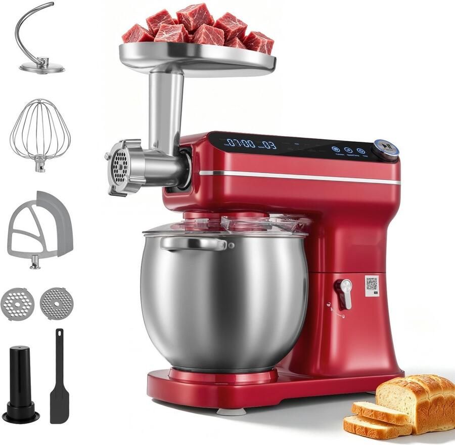Keukenmachine Multifunctionele keukenmixer voor deeg room beslag en vlees Kantelbare kop 7 liter 1000 W 2-in-1 Met mengkom deeghaak klopper en garde Rood