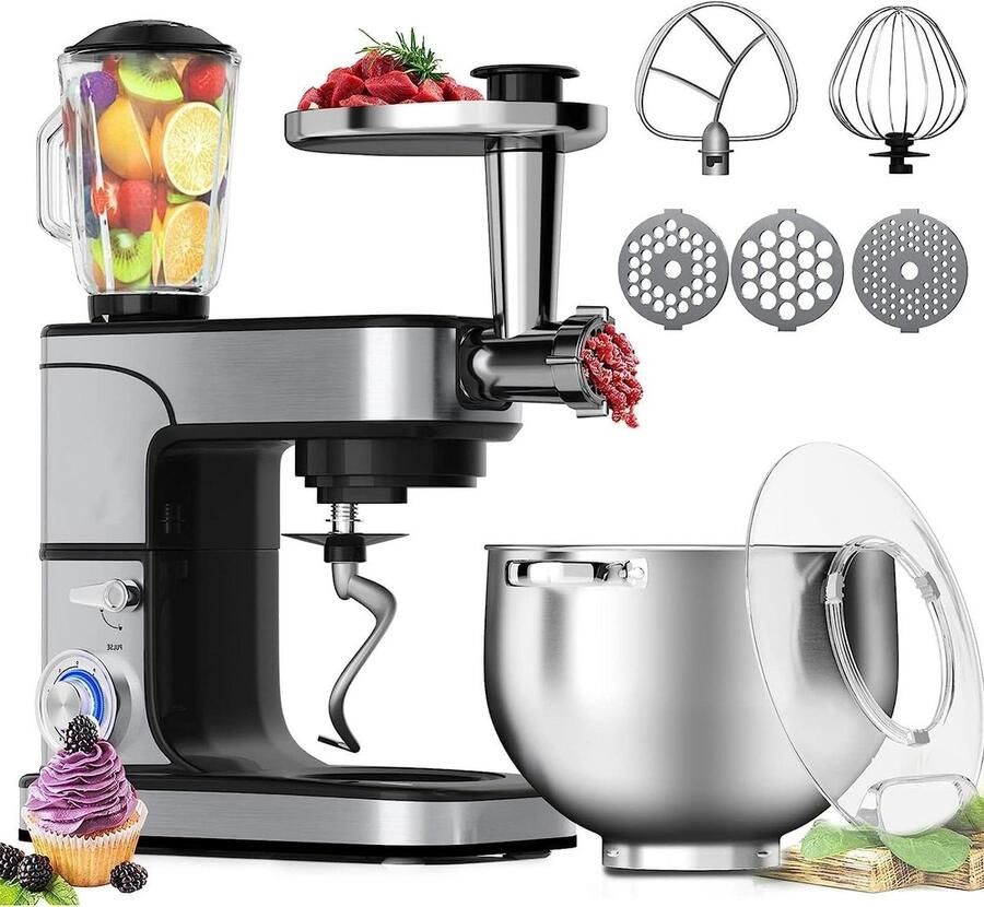 Keukenmachine Multifunctionele mixer Bakken en koken Planetaire mengbeweging 12 liter kom Zilver